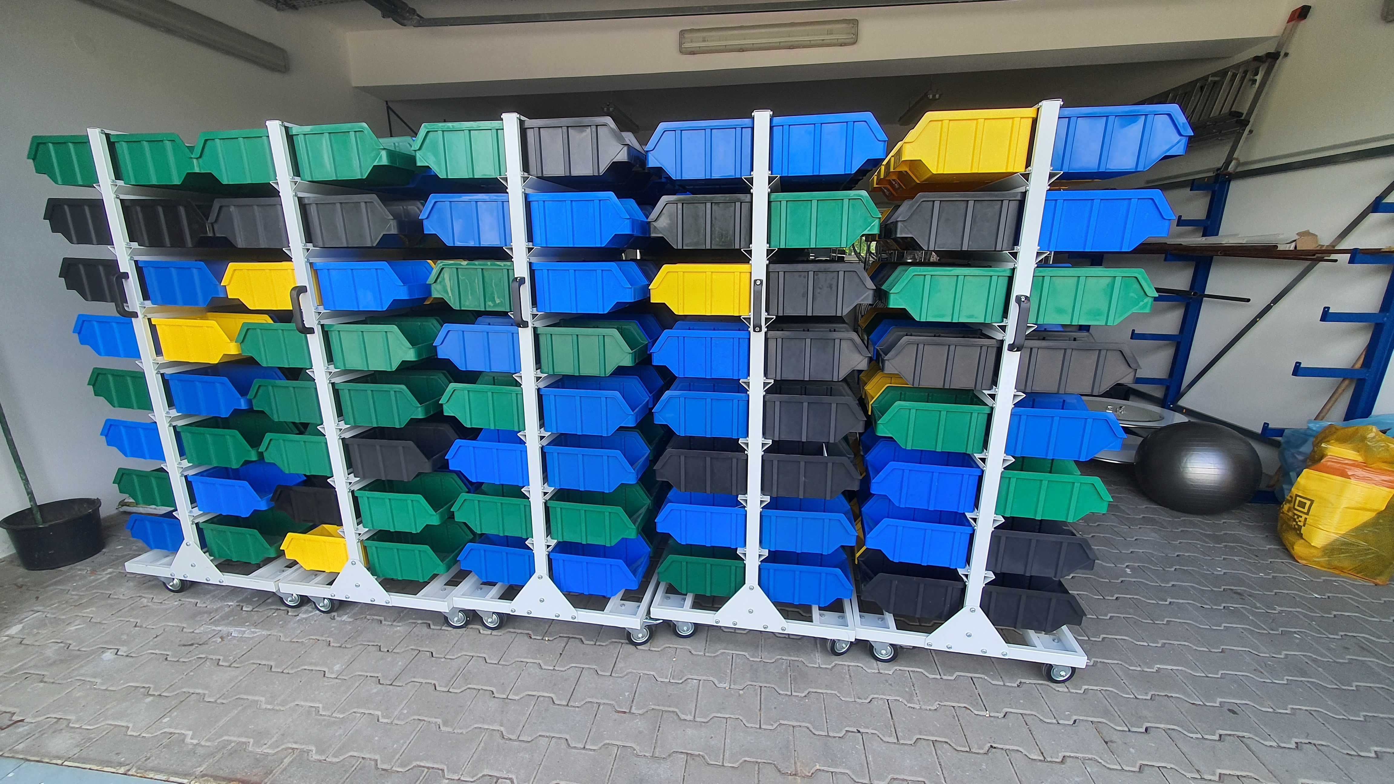 Regał magazynowy Q-BOX, dwustronny, z pojemnikami