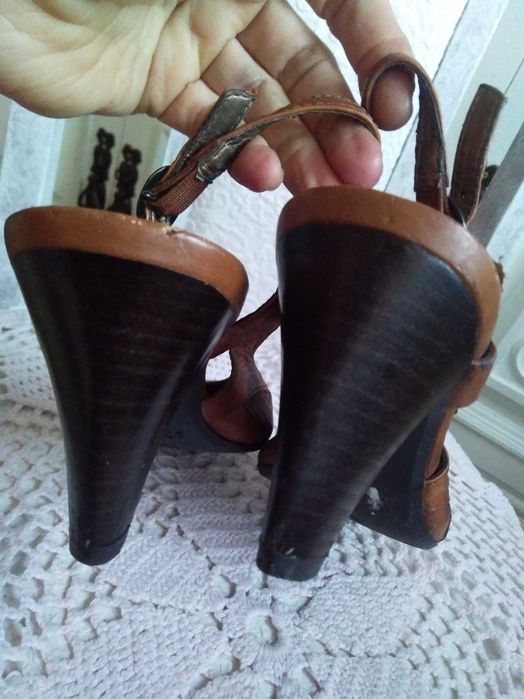 Skórzane sandały damskie na obcasie buty letnie czółenka rozmiar 37