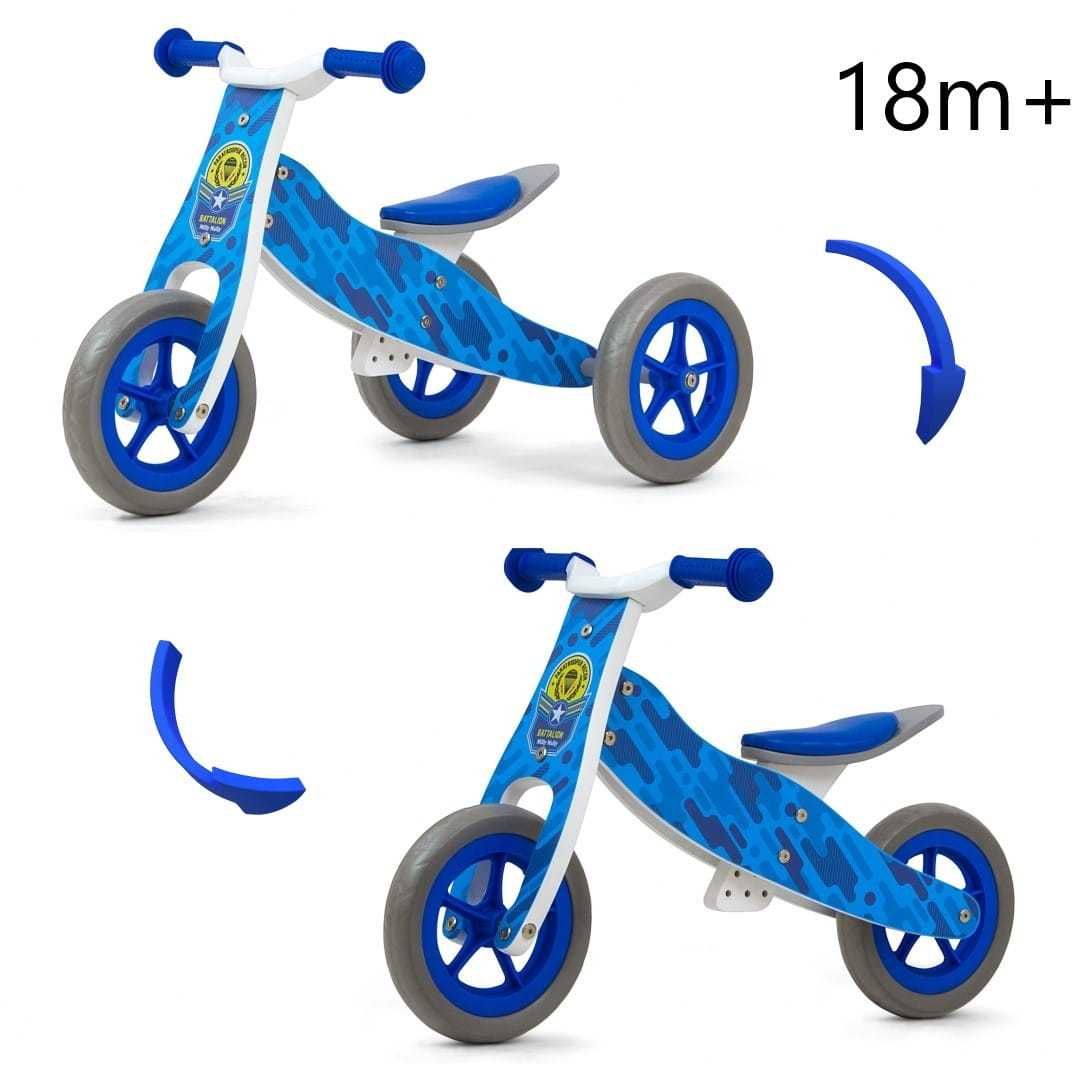 NOWY Drewniany rowerek trójkołowy + dwukołowy biegowy 2w1 dla chłopca