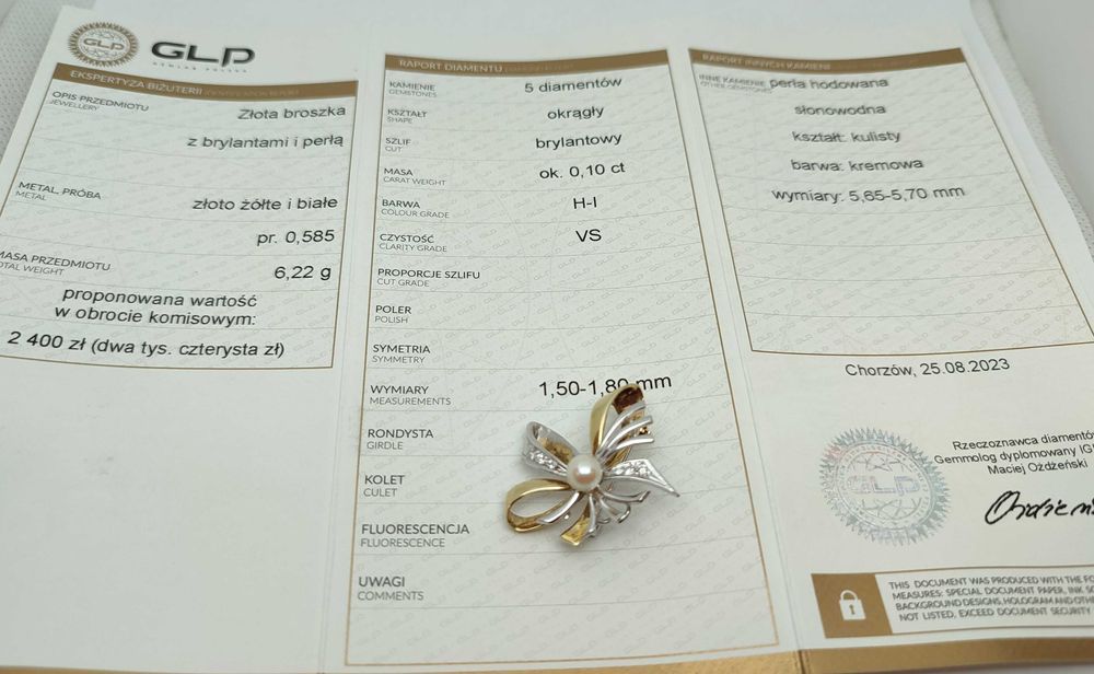 Śliczna złota broszka spinka z brylantami 6,23g p585 diamenty /ST