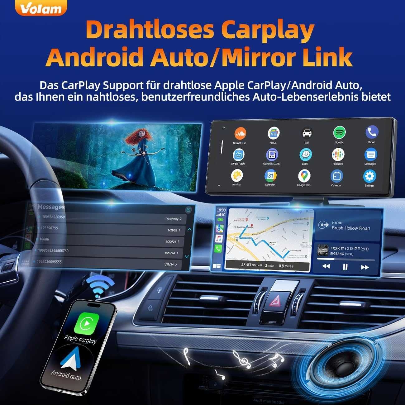 Ecrã Carplay e Android Auto para Carro!