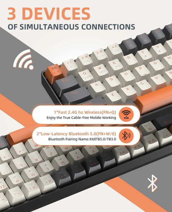 Klawiatura mechaniczna Red K68 60% bezprzewodowa, Hotswap 2.4 G/BT 5.0