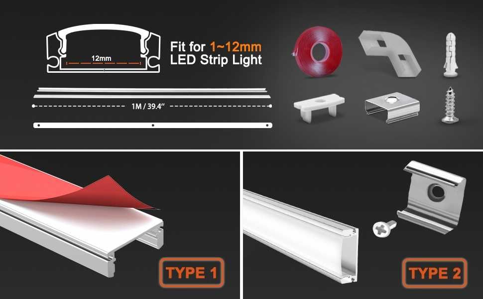 Profil aluminiowy do taśm LED 6 x 1m U natynkowy KOMPLETNY ZESTAW