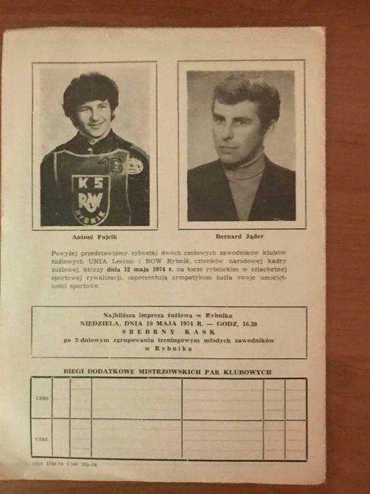 Program żużlowy DMP Row Rybnik - Unia Leszno [1974r.]