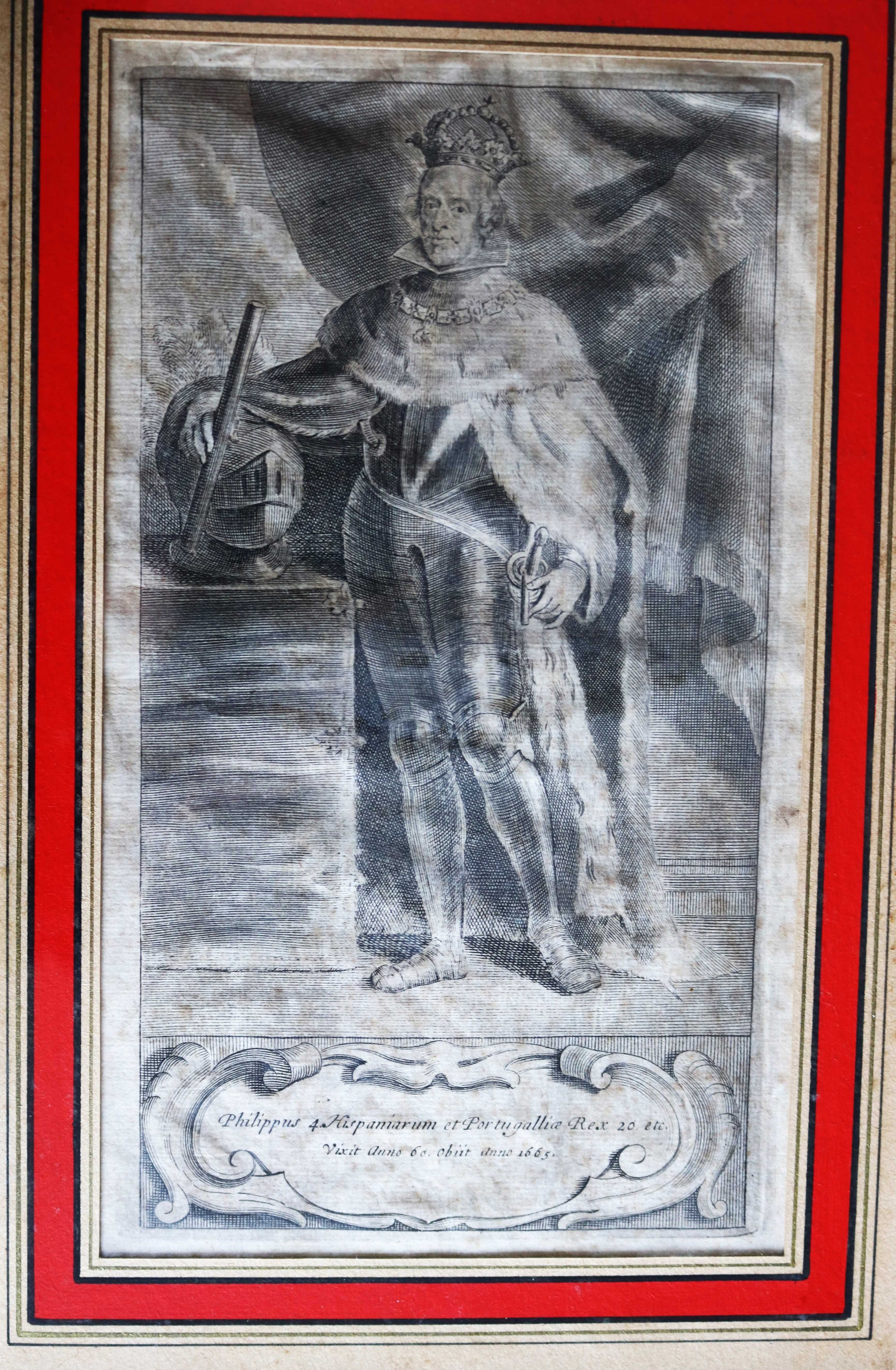 Rei Filipe III, IV de Espanha, gravura 1730 emoldurada