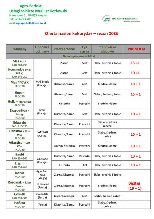 Oferta nasion kukurydzy - sezon 2026
