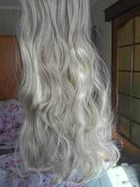 Doczepiane włosy clip in 65 cm srebrny blond fale