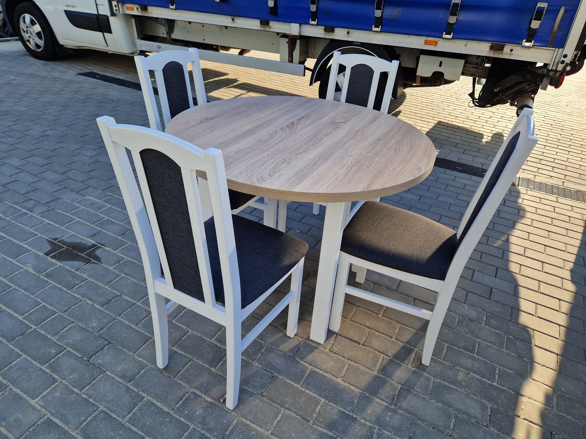 Nowe: Stół okrągły + 4 krzesła, biały/sonoma + grafit, dostawa PL