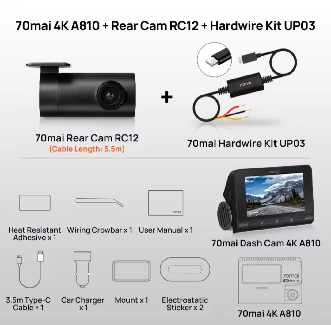 Відеореєстратор 70mai 4K A810 + задня камера RC12 + кабель UP03, UP04.