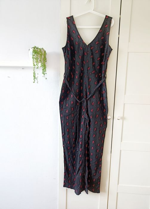 NEXT kombinezon lniany wide leg kwiaty czarny XXL 46 summer plus size