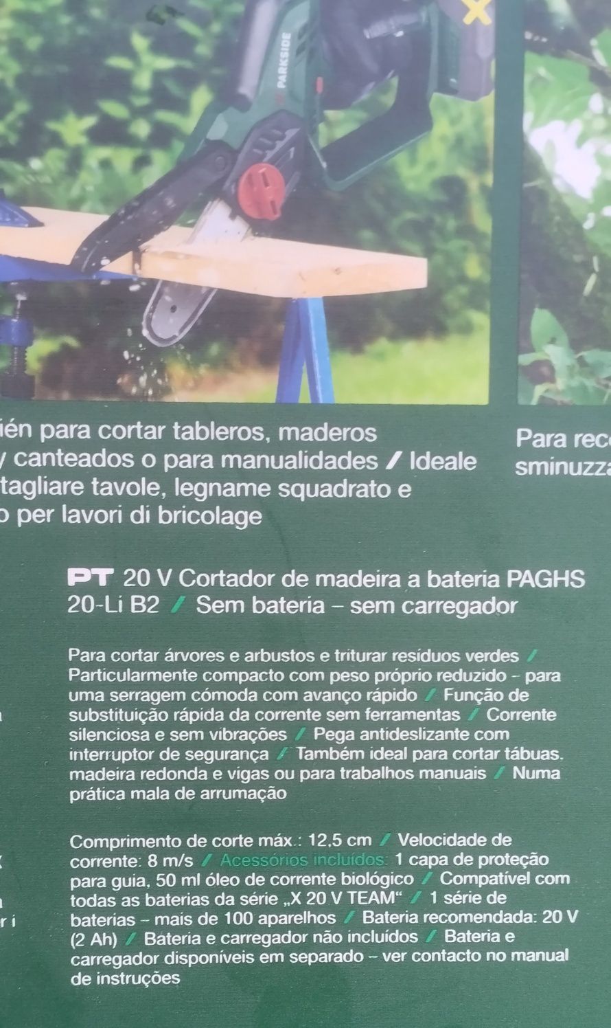 Mini motoserra a bateria Parkside 20v com 2 baterias 4Ah