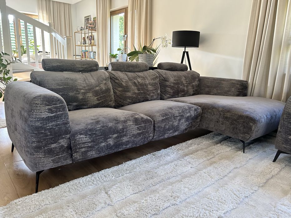 Zestaw ETAP Sofa – narożnik + fotel, szary welur, stan bardzo dobry