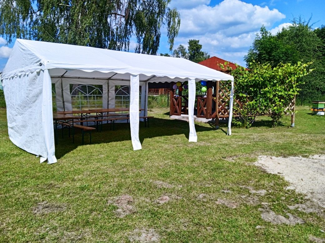 Wynajem namiotów plenerowych imprezowych zastawa obiadowa stoły ławki