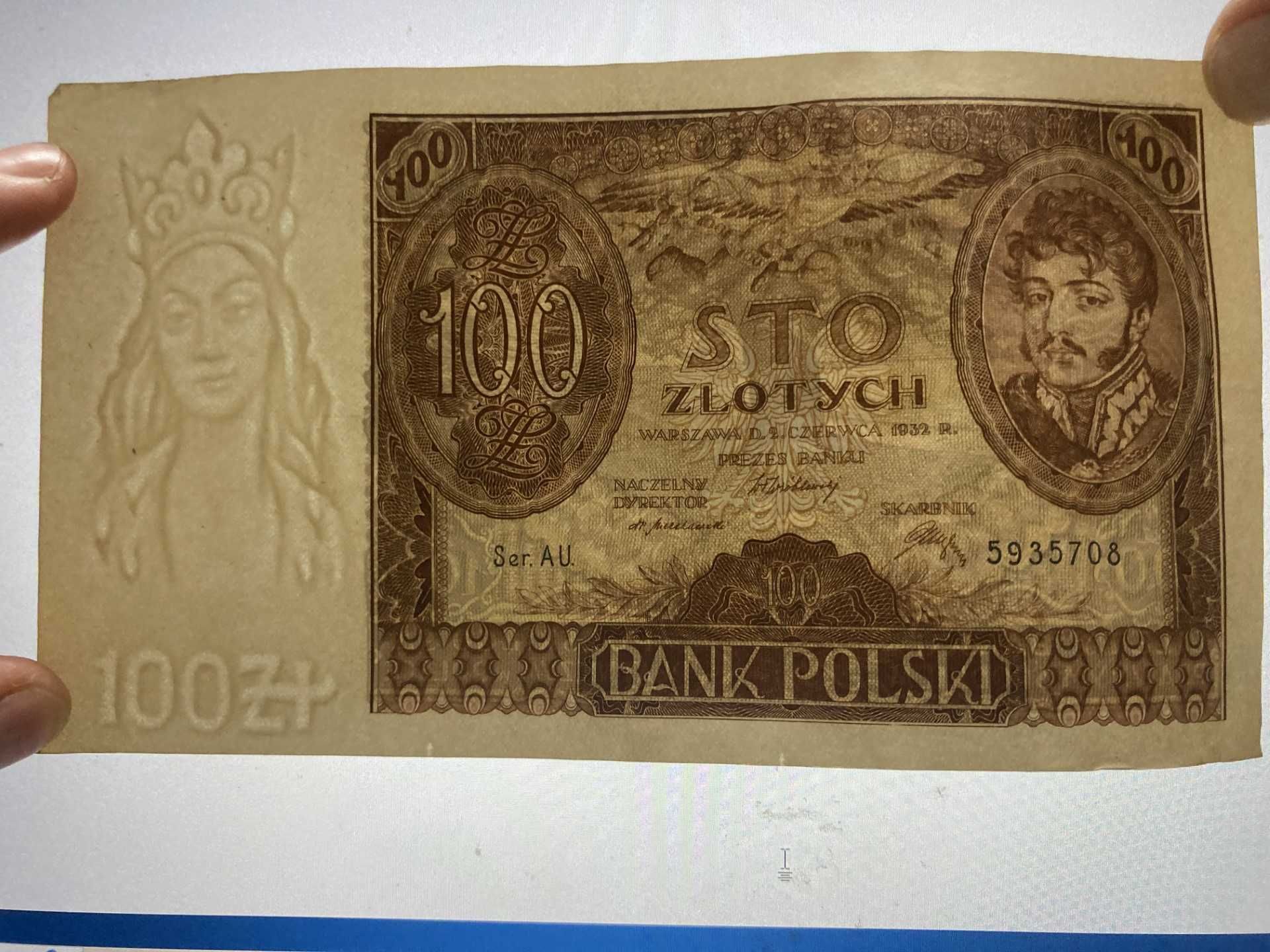 Banknoty 100zł z 1932 seria AU oraz 1934r. seria BS, piękne