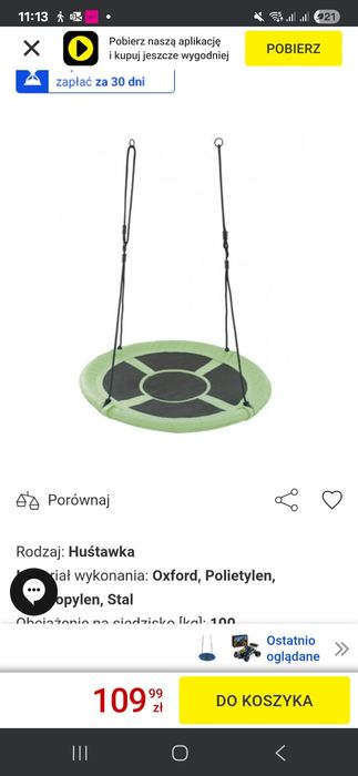 Huśtawka MIRPOL Bocianie gniazdo Nest 95 cm zielona