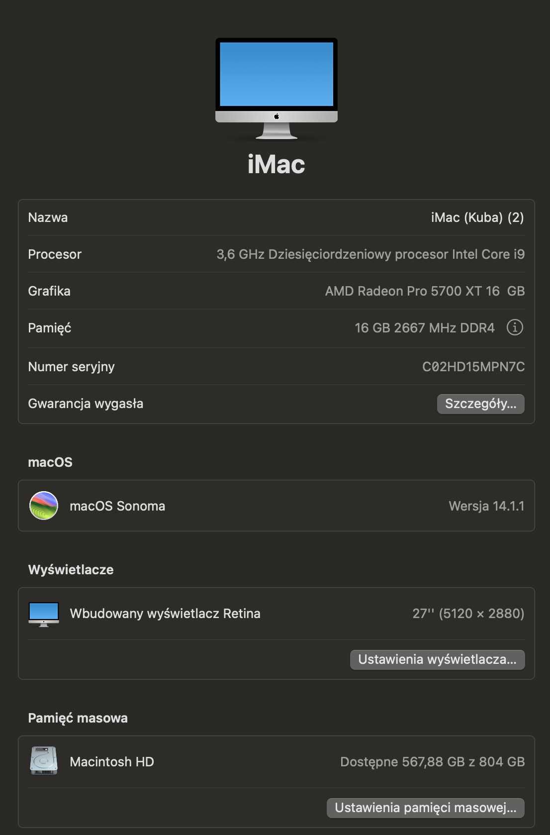 iMac 27 5K Retina Intel i9 5,0GHz 16GB 1TB SSD