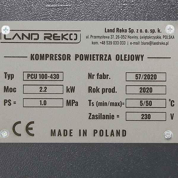 Kompresor tłokowy LAND REKO 100L 430l/min 230V Kompresor warsztatowy