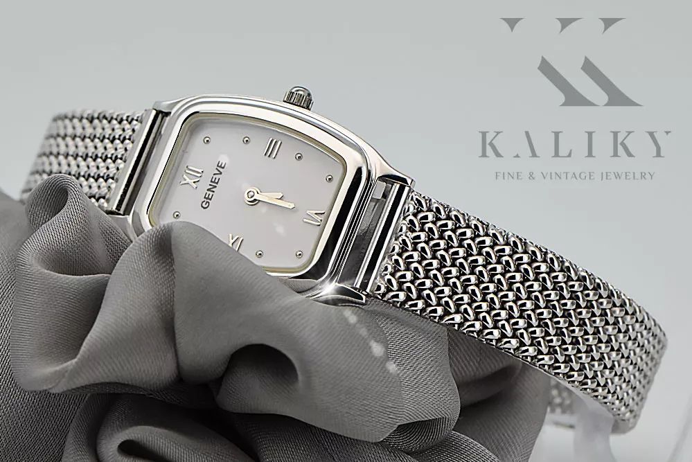 Zegarek z białego złoty damski owalny 14k Geneve lw042wdw&lbw003w Wawa