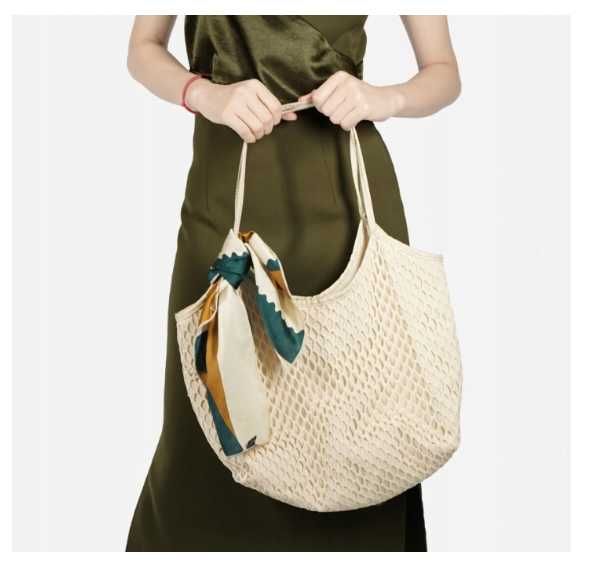 Duża torba letnia apaszka beżowa ażurowa plażowa lato wiosna