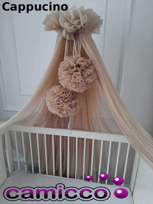 BALDACHIM do łóżeczka szyfon tiul baldachimy 8 metrowy + POMPONY