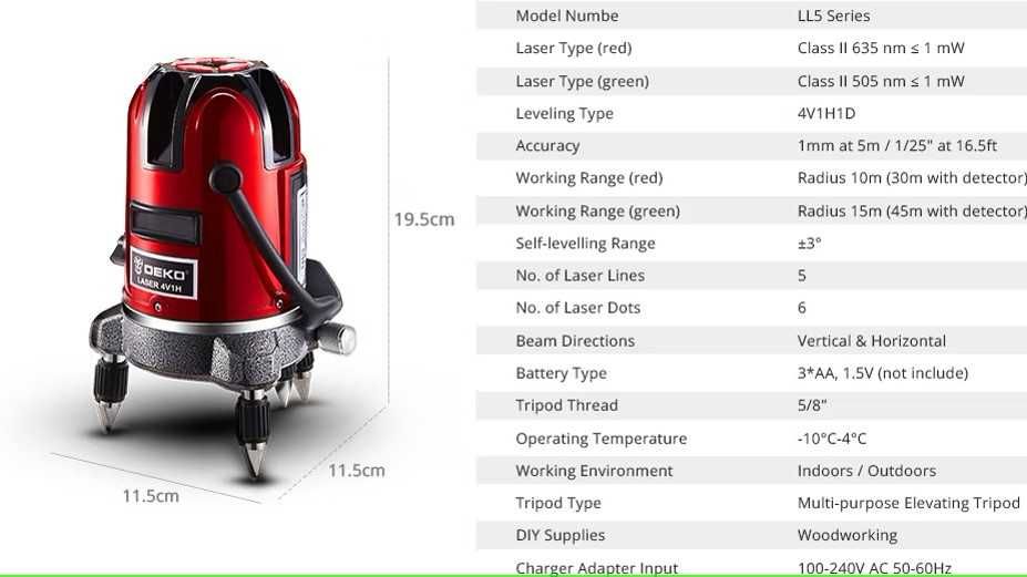 DEKO LL57/LL58 RED 5 Linhas  Laser Verticais e Horizontais