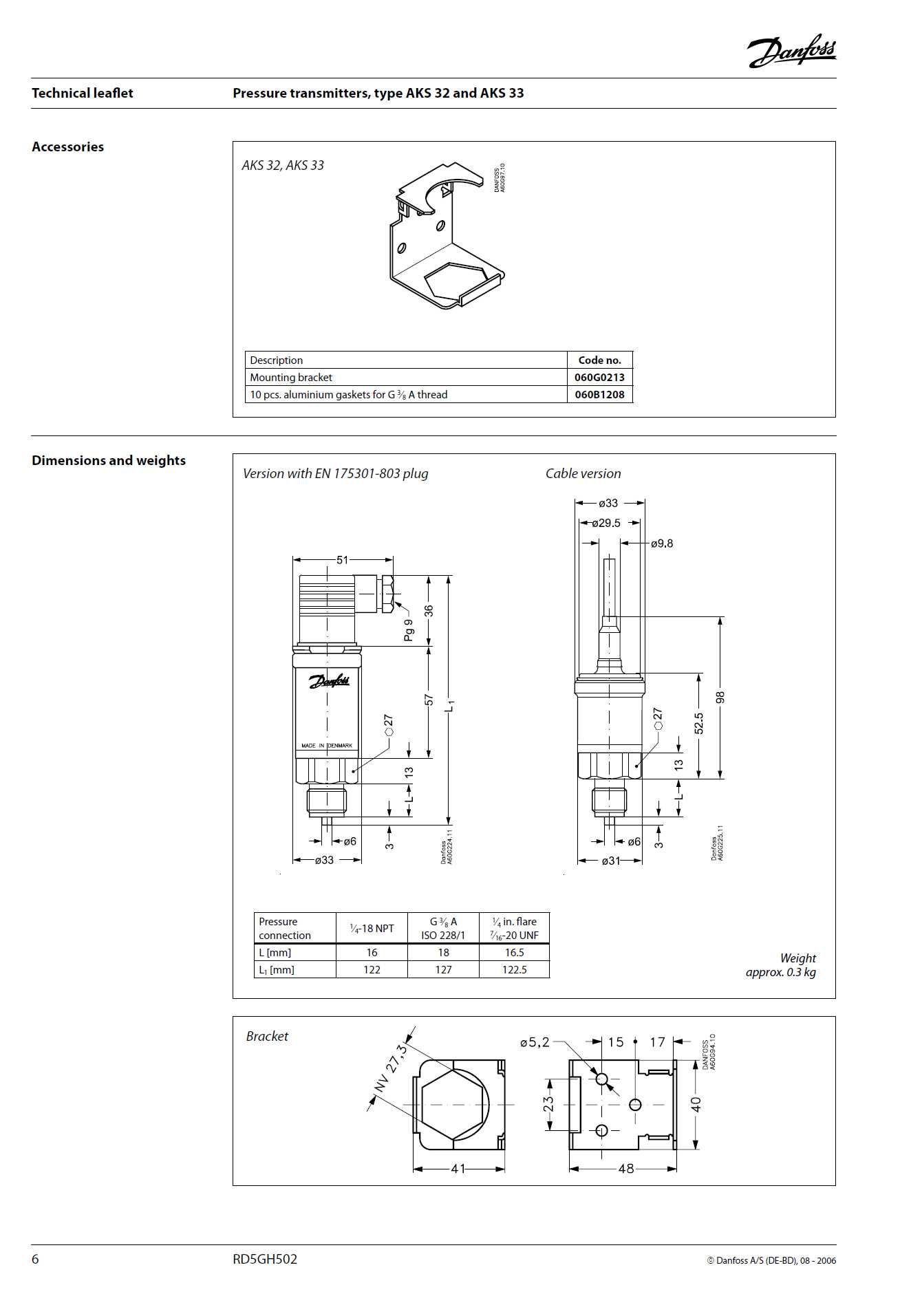 Датчик перетворювач тиску DANFOSS AKS 33 060G2110 0 - 25 Бар 4 - 20 мА