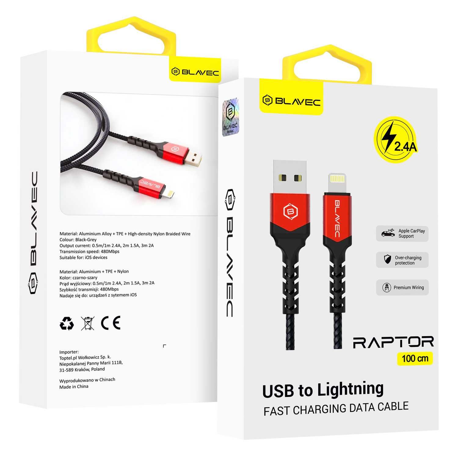 Kabel Raptor pleciony - USB na Lightning - 2,4A 1 metr