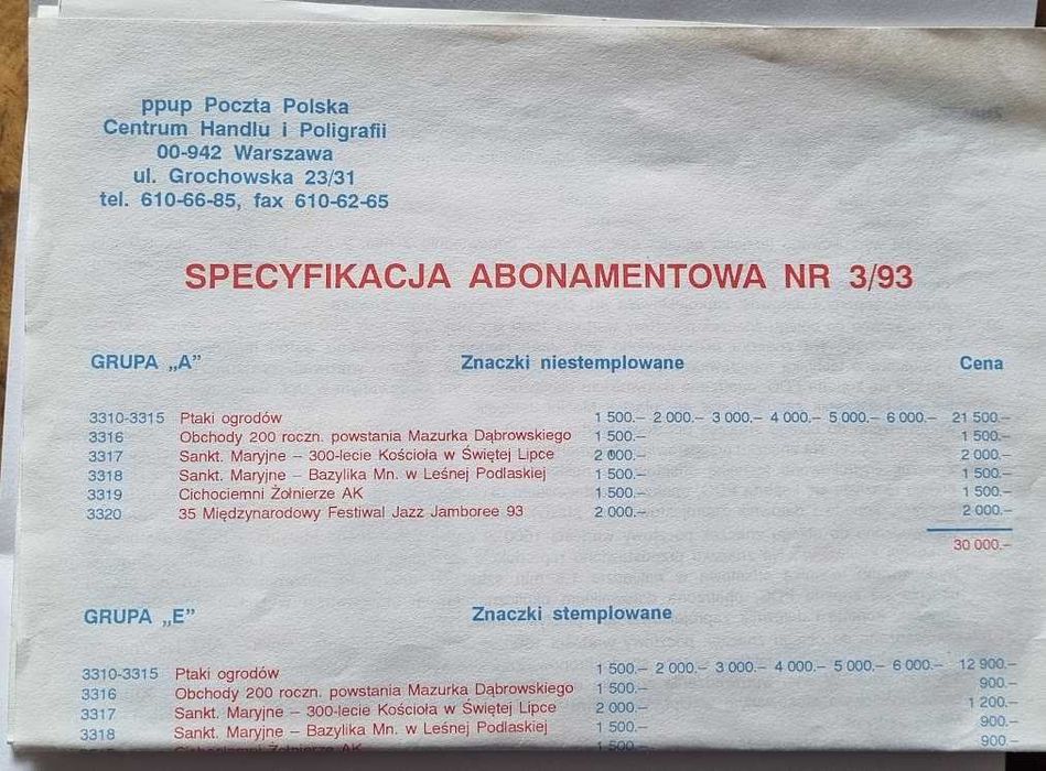 Znaczki pocztowe 1992,1993 czyste