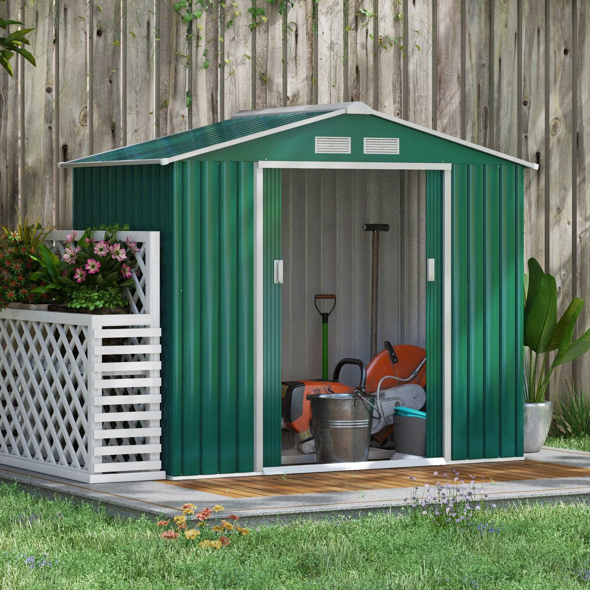 Abrigo de Jardim Metálico 213x130x185 cm com 2 Portas Deslizantes
