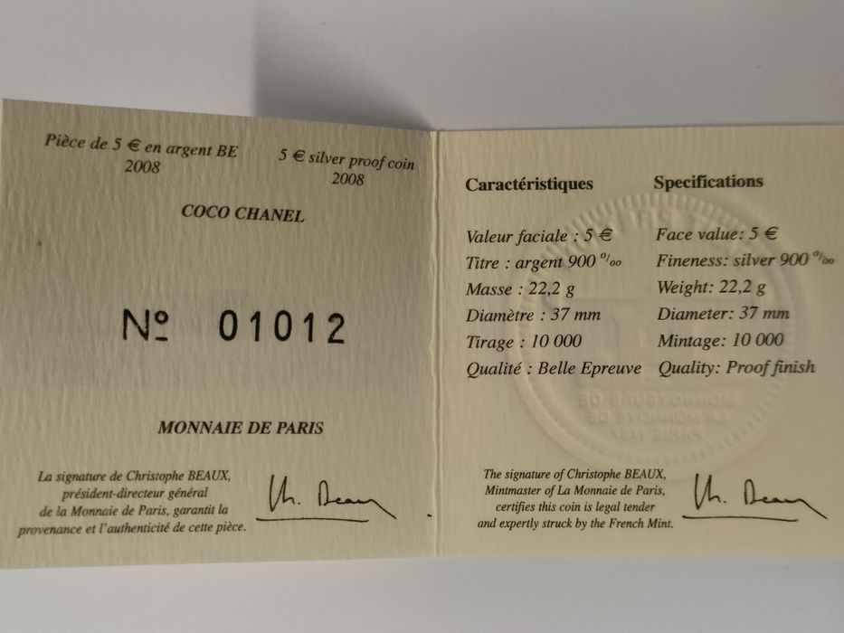 França/ Moeda 5 euros - 2008/ Coco Chanel/ Prata PROOF