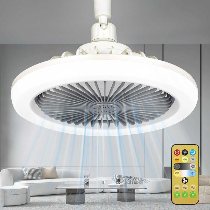 Kompaktowy wentylator sufitowy LED E27 z pilotem, 3 prędkości, biały