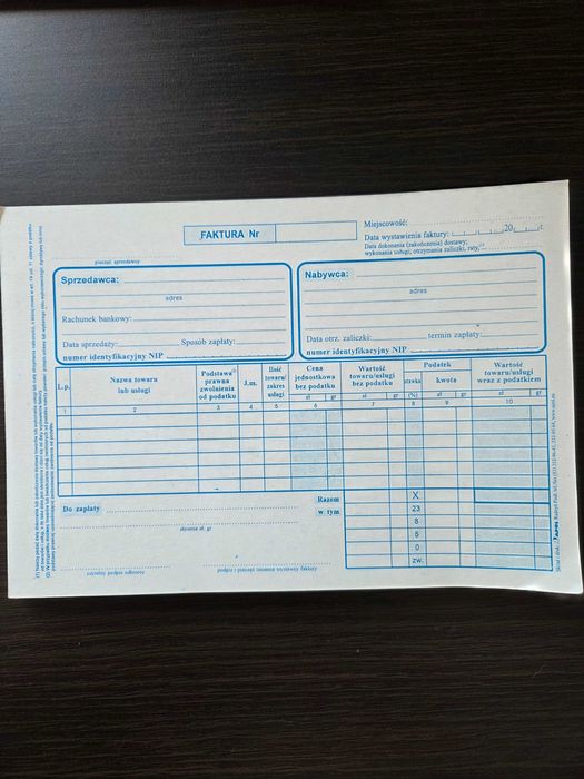 Druk faktura, faktura korygująca, nota korygująca druczek