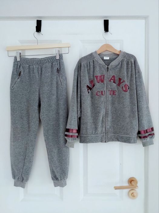 Zara, szary welurowy dres, komplet, bluza na suwak i spodnie r. 134