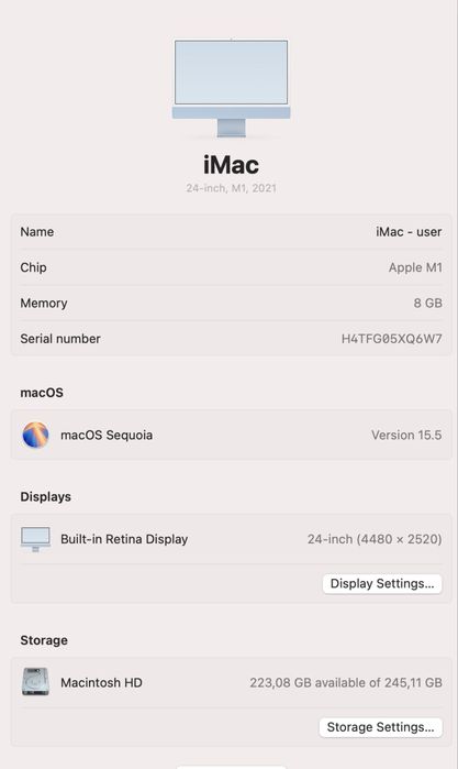 Imac 24 2021 m1 8/8gpu 8/256gb + touch id!!