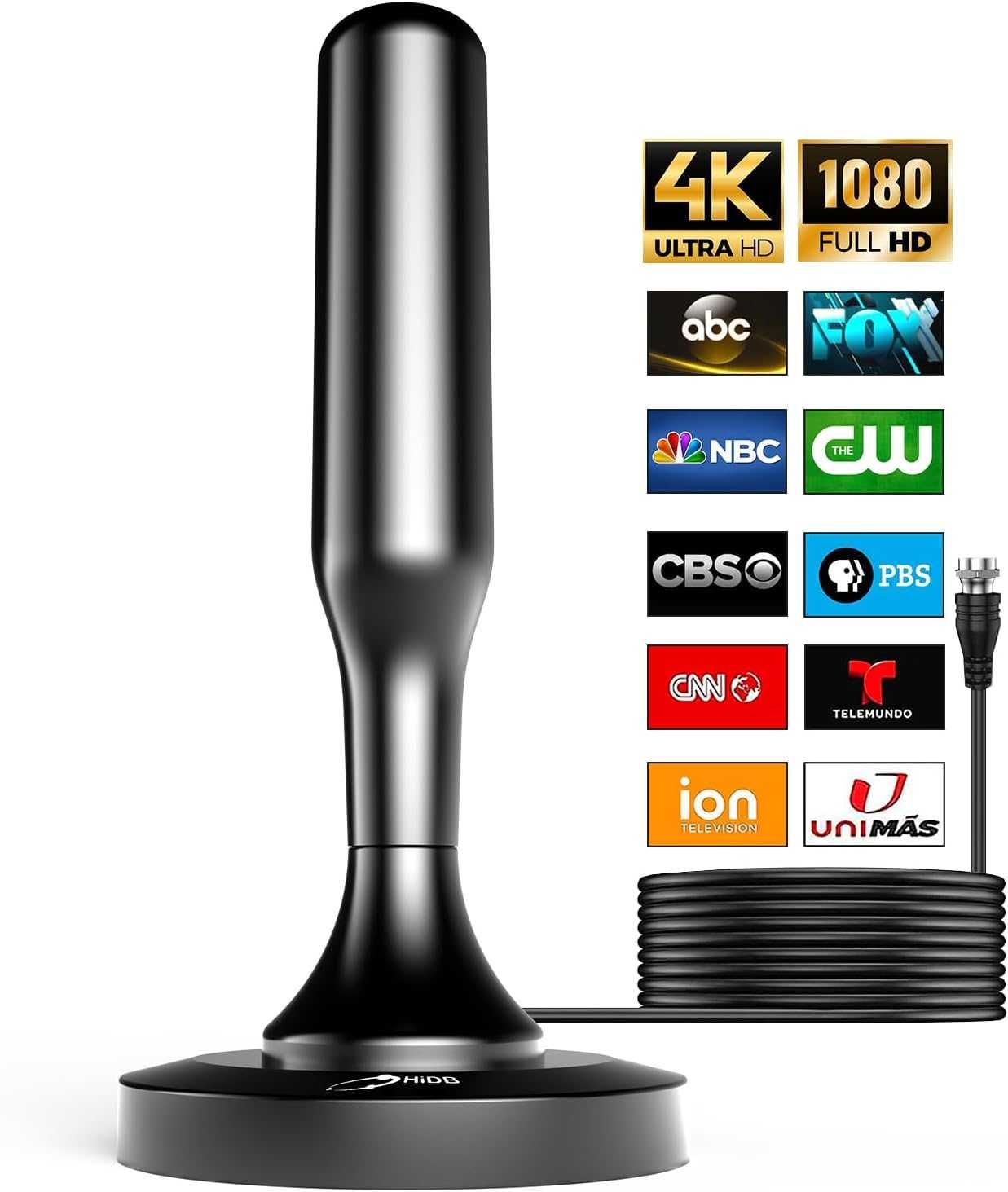 Antena TV dalekiego zasięgu i odbioru360° z podstawą magnetyczną HD 4K