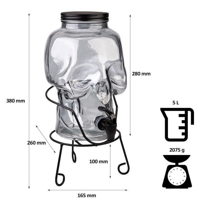Słój szklany 5L - CZASZKA CIEMNA + stojak + kranik plastikowy