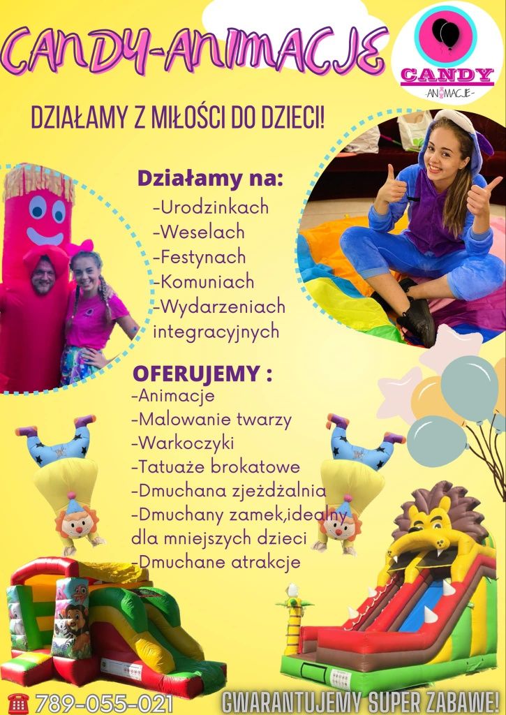 Dmuchaniec, Skakaniec, dmuchana zjeżdżalnia- animacje dla dzieci