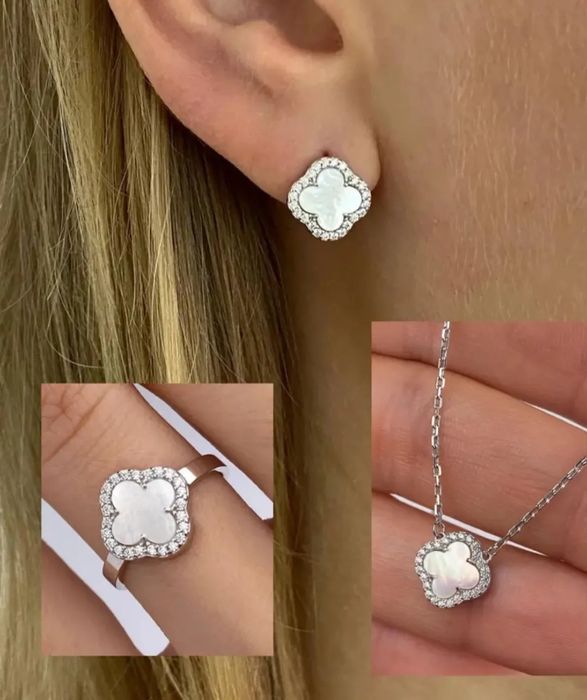 Набір Ван кліф Срібло Сережки Кольє Каблучка Браслет Van Cleef Клевер