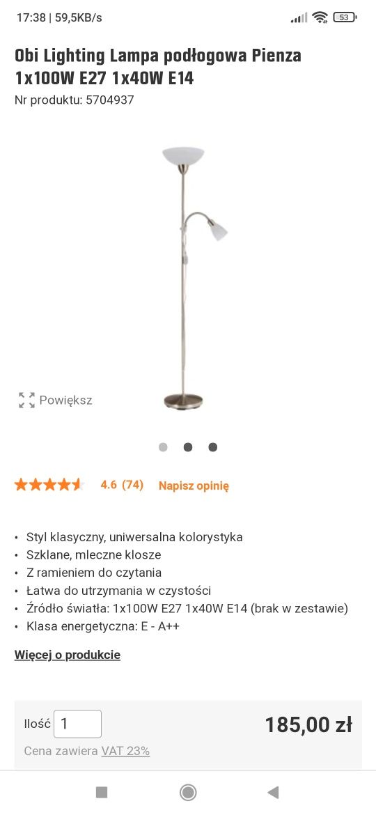 Obi Lighting Lampa stojąca podłogowa Pienza 1x100W E27 1x40W E14