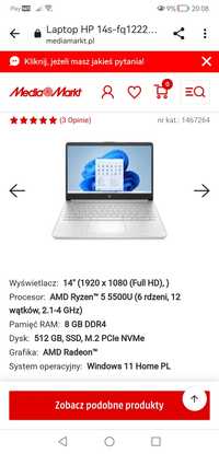 Laptop HP 14s-fq1222nw FHD Ryzen 5 5500U/8GB/512GB SSD/INT/Win11H