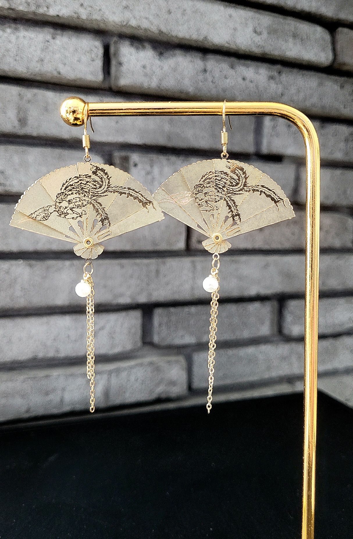 Długie kolczyki złoty japoński wachlarz japan style