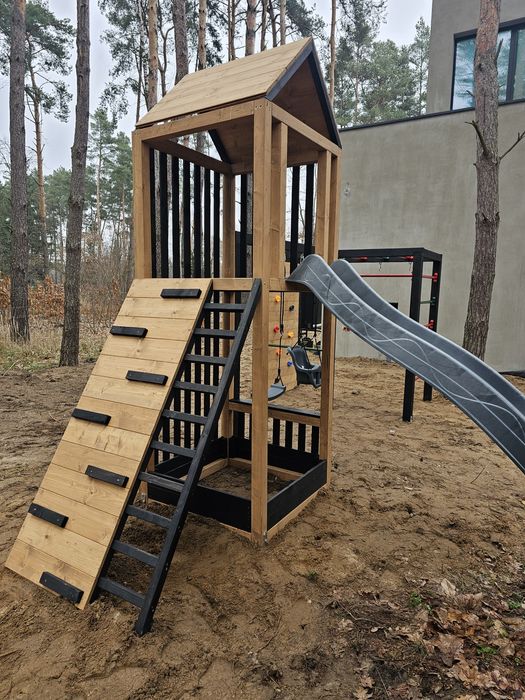 Nowoczesny Drewniany Plac Zabaw LUNA XL PLUS zjeżdżalnia lamele