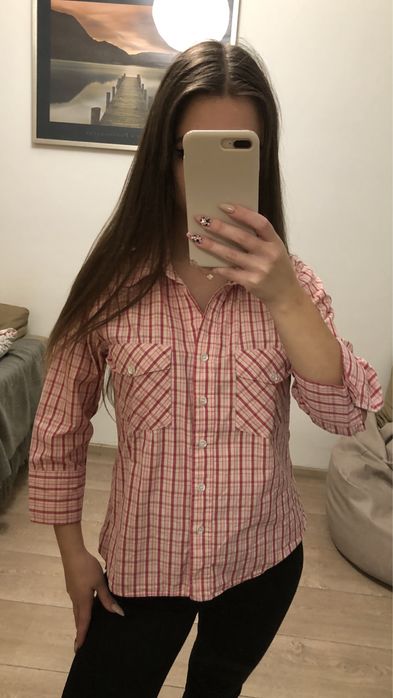 Różowa koszula Kapphal w kratkę luźna oversize rękaw 3/4