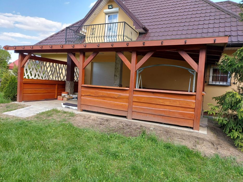 Zadaszenie tarasu wiata altana altanka meble ogrodowe z bali pergola