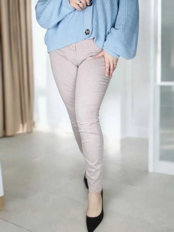 Liliowe pudrowe spodnie rurki skinny z wysokim stanem plus size 46