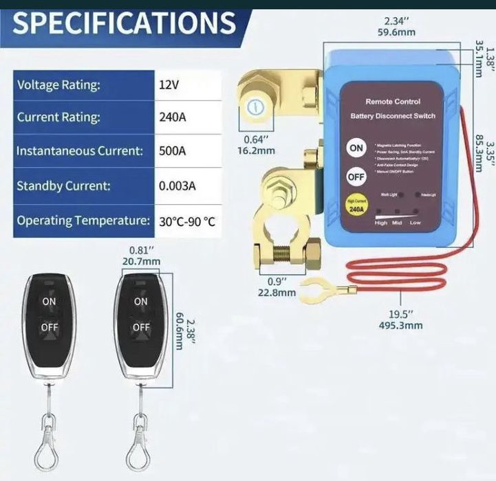 Вимикач маси акумулятора авто дистанційний 12В. 240А. Новий, 2 пульта.