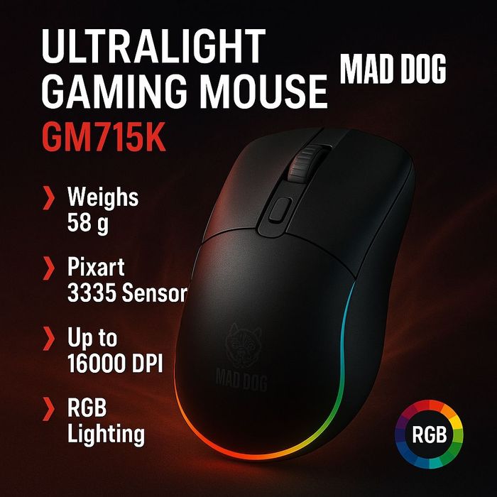 MAD DOG GM715K – ultralekka mysz gamingowa 58g | Pixart 3335 | 16000 D