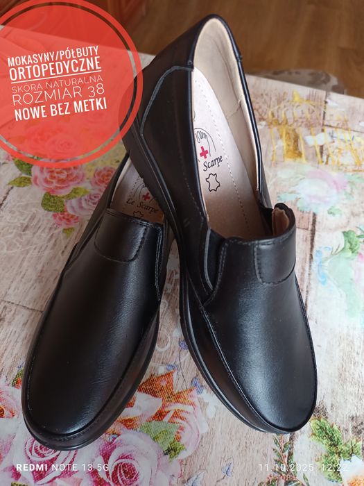 Czarne skóra naturalna wsuwane buty typu mokasyny ortopedyczne 38