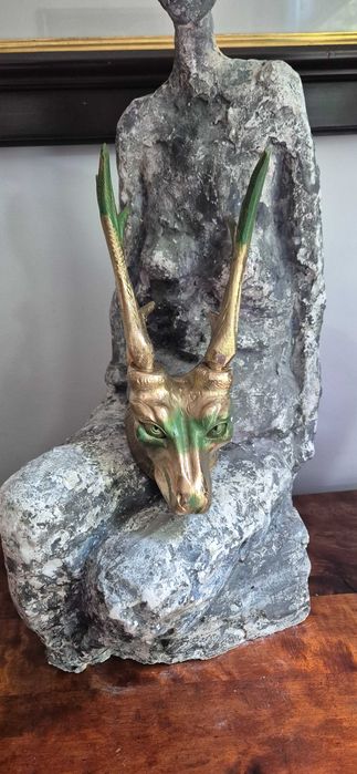 Rzeźba z drewna poroże lis z rogami trofeum dekor popart surrealizm