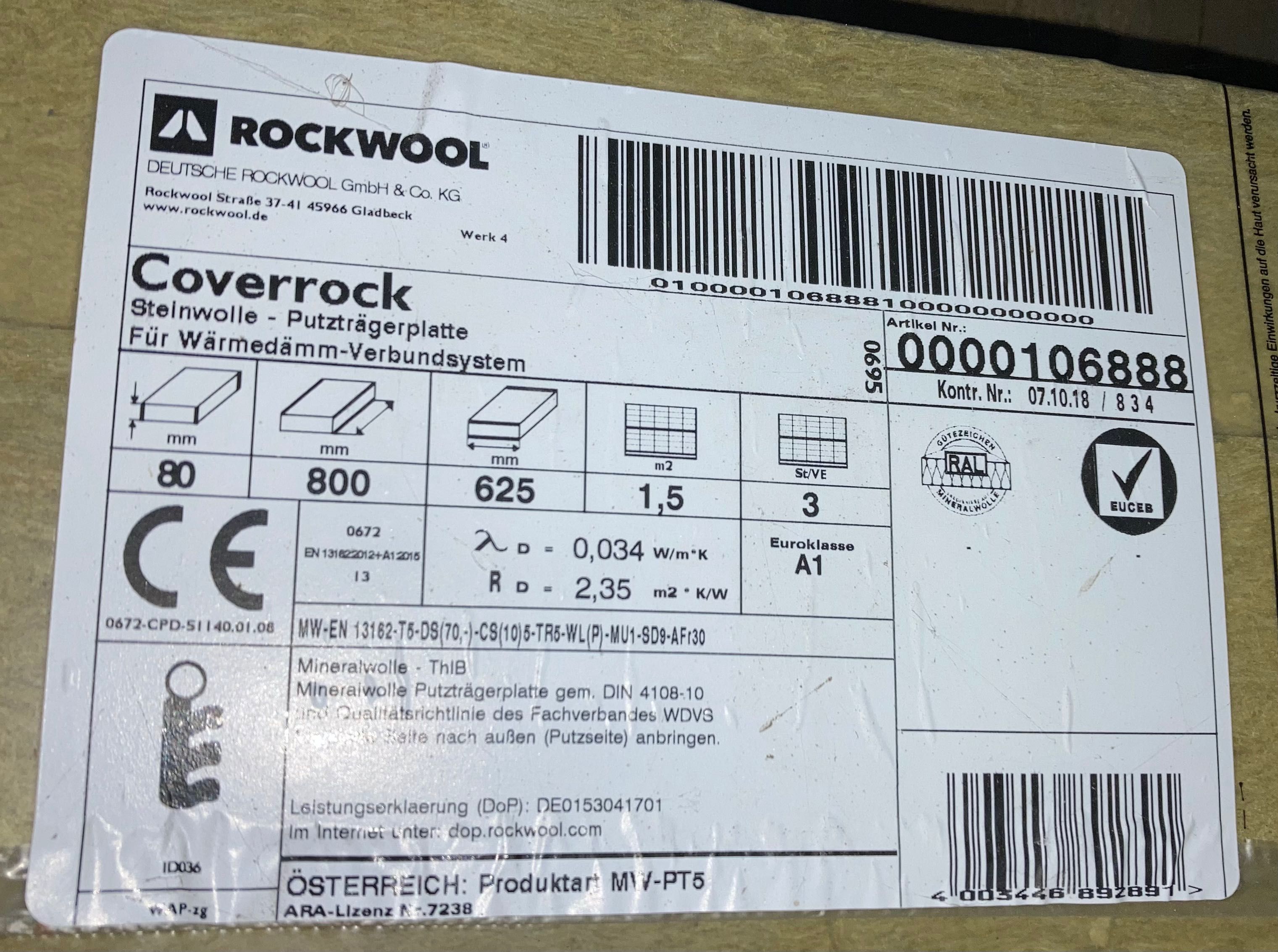 Wełna mineralna Coverrock 80mm. 800mmx625mm. 1,5m2 w paczce.